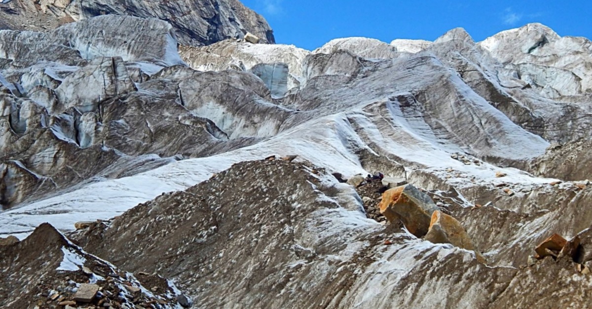 Khatling Glacier snout view during Khatling Glacier Trek in Garhwal Himalayas Uttarakhand