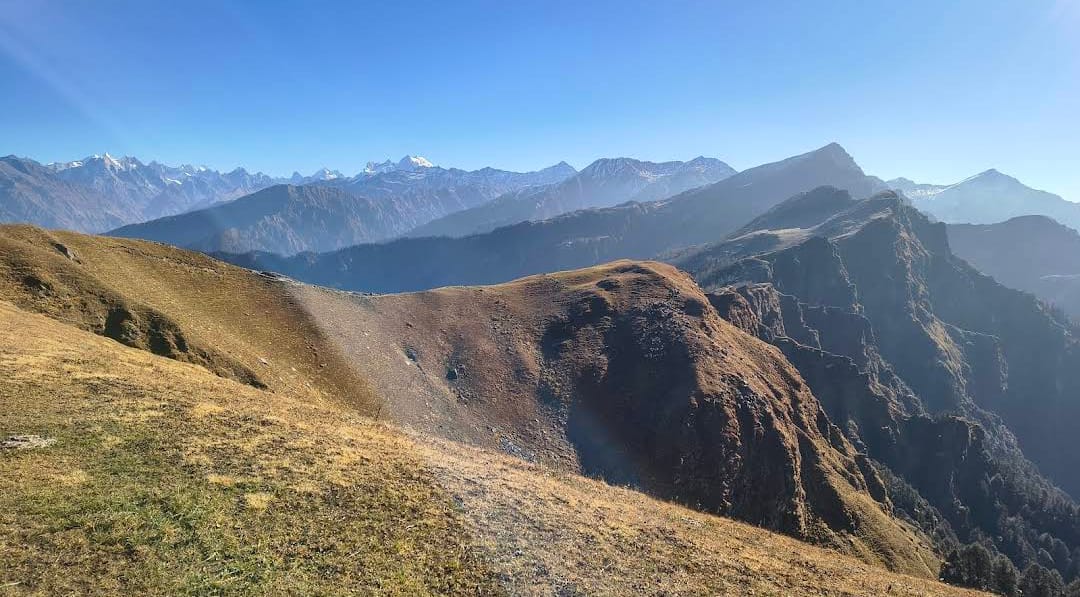 Panoramic Himalayan views from Phulara Ridge Trek showing Swargarohini and Bandarpoonch peaks