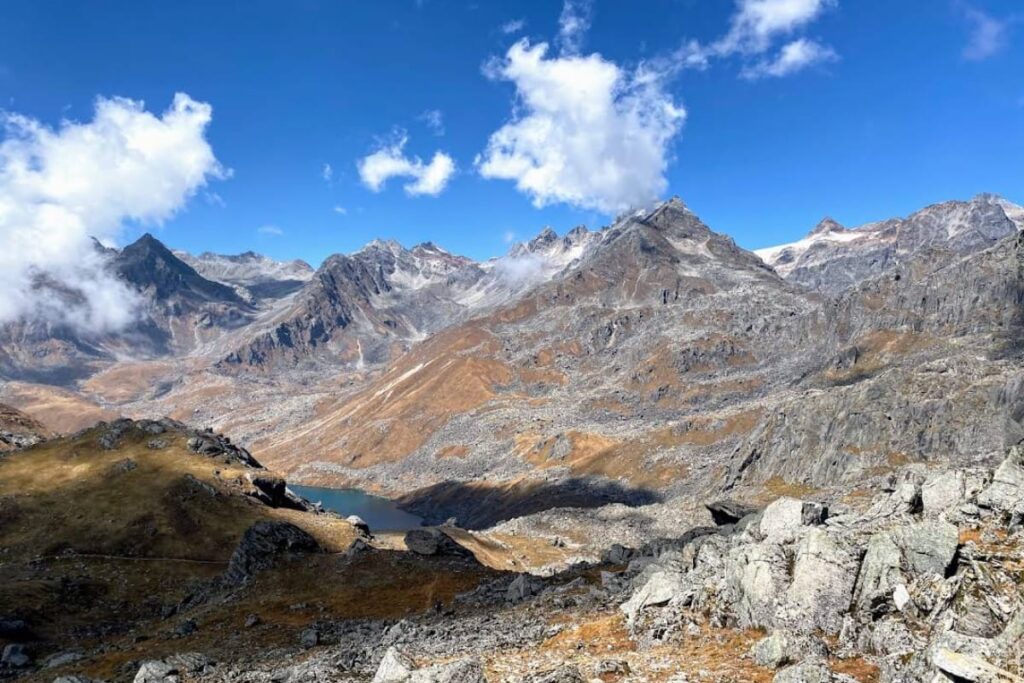 Vasuki Tal high altitude lake near Satopanth Peak base camp in Uttarakhand surrounded by snow peaks